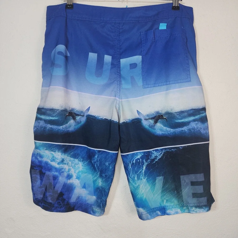 Tru Cal Board Shorts Mens LG Blue Surf Wave Graphic Print Swim Trunks Mesh Lined